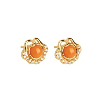 Xiaoyinjiang Beeswax Jade Stud Earring Ear Ornament Silver Ear Ornament Women's