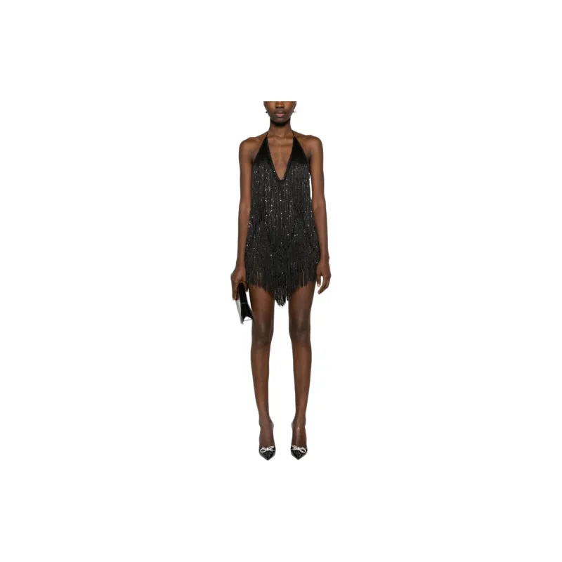 Rotate Sequined Fringed Mini Halterneck Dress-1