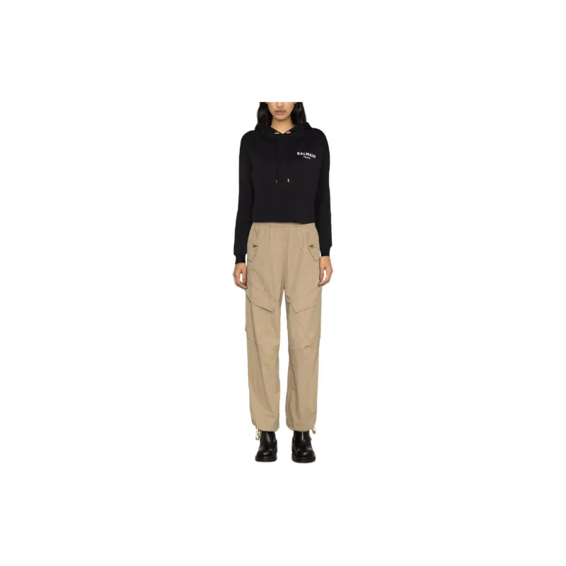 BALMAIN Flock Detail Cropped Hoodie 'Black/White'-1