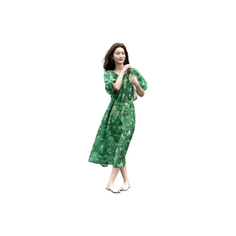 【dme】 Short Sleeved Dress Women's Seaweed Green-1