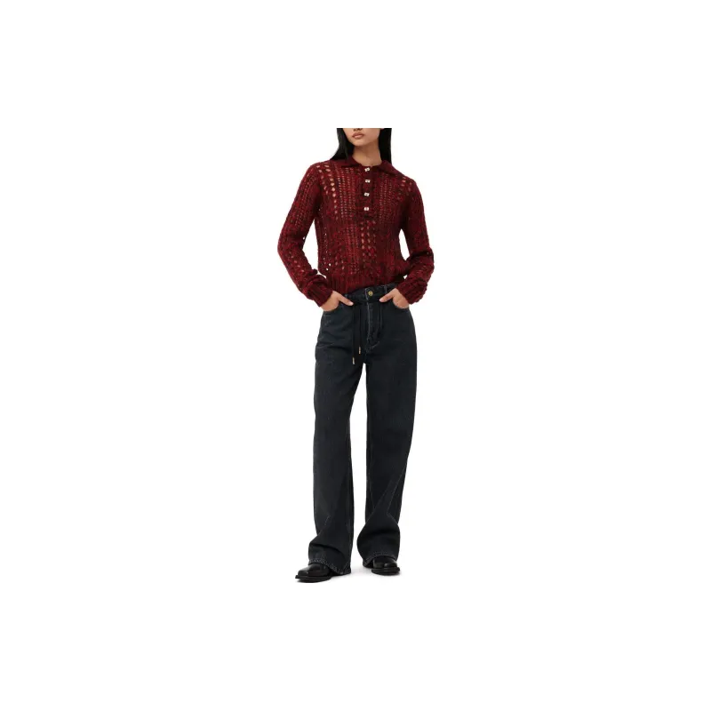 GANNI Drawstring Fastened Logo Patch Straight Leg Jeans-2