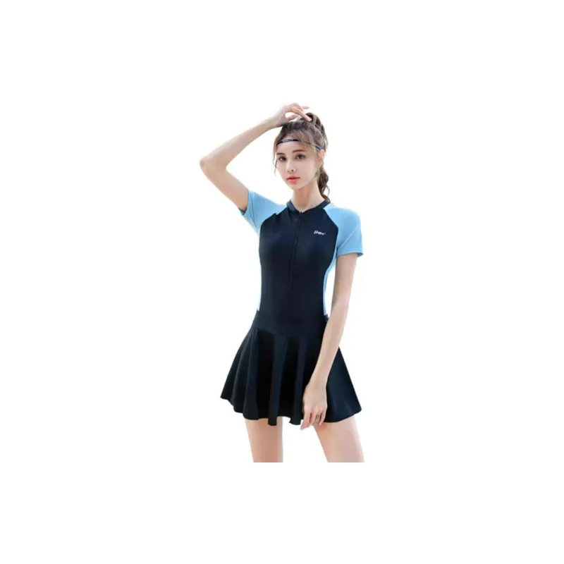 Youyou One Piece Swimsuits Women's Blue With Black Short Sleeves-1