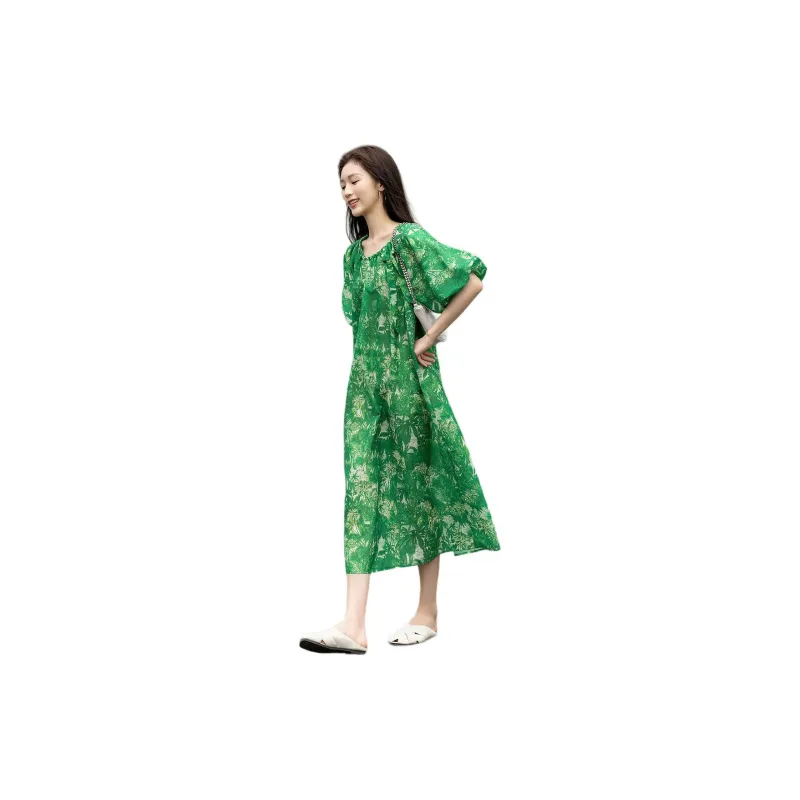 【dme】 Short Sleeved Dress Women's Seaweed Green-2