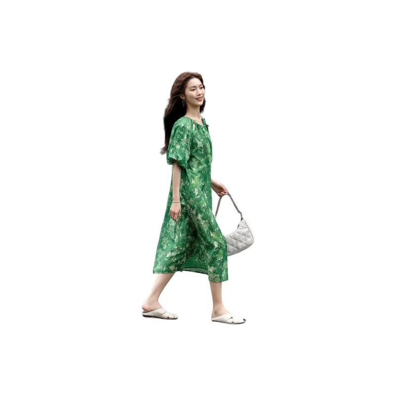 【dme】 Short Sleeved Dress Women's Seaweed Green-5
