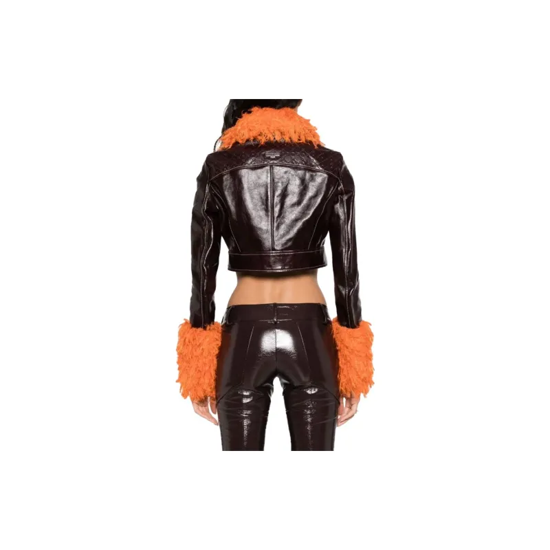 Marine Serre Feather trim Cropped Leather Jacket-2