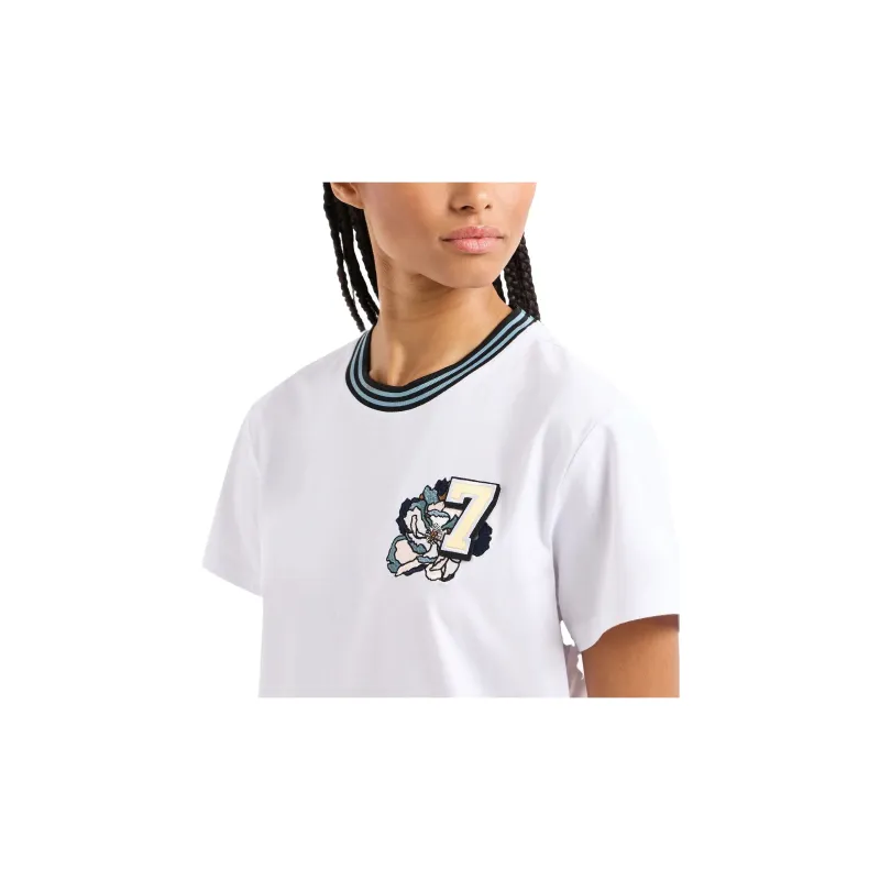EMPORIO ARMANI EA7 Floral Logo Embroidered Crew Neck Short Sleeved T Shirt T Shirt Women's White-4