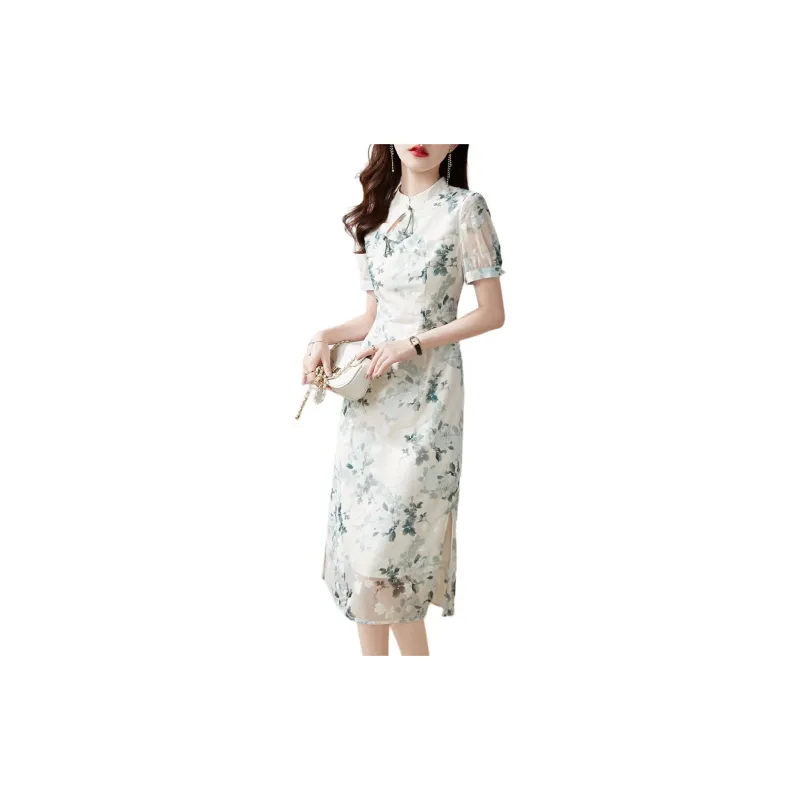Mo Han Yi Mei Short Sleeved Dress Women's White Base Green Floral-1