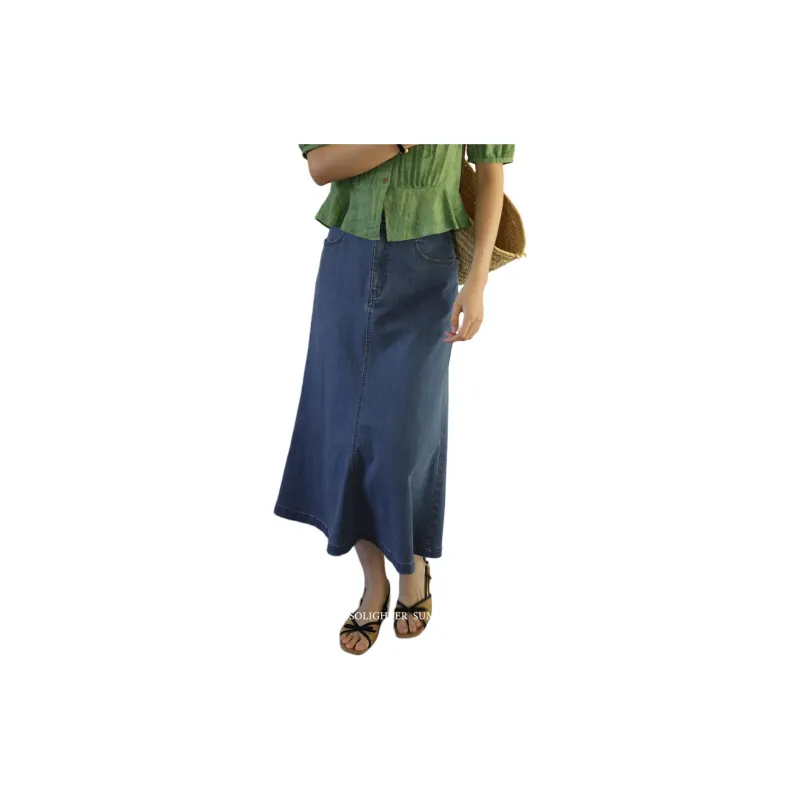 SOLIGHTER Denim Long Skirts Women's Vintage Denim Blue-1