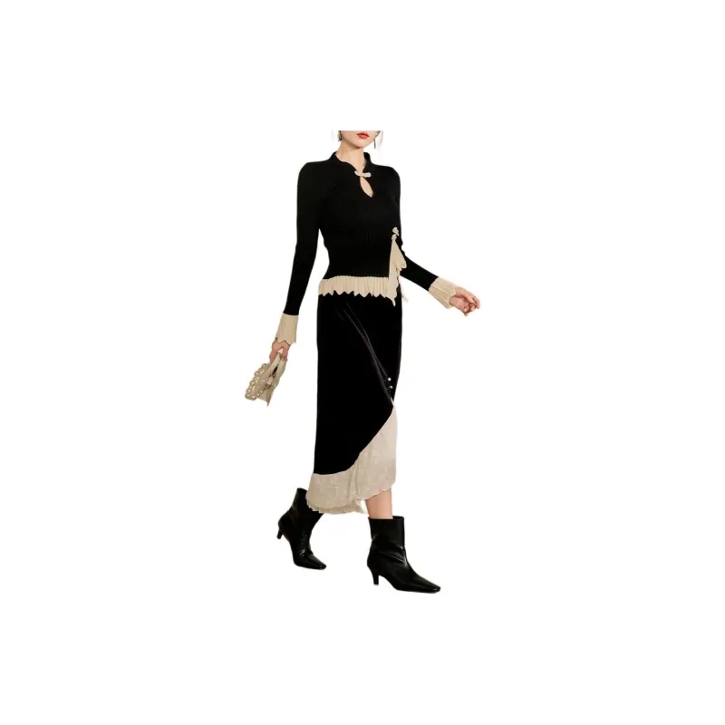 QIAOYUHUAZUN Skirt Set Women's Black-0
