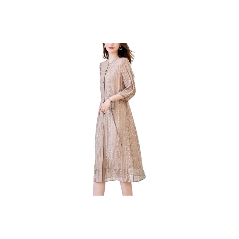 Yi Mengyuan Heavyweight Mulberry Silk Long Sleeved Dress Women's Coffee-2