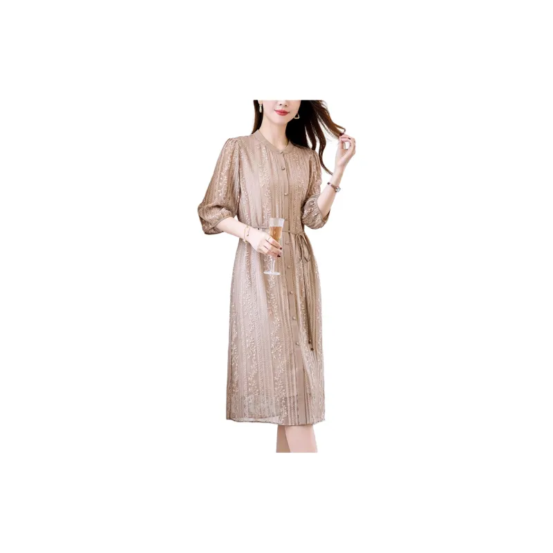 Yi Mengyuan Heavyweight Mulberry Silk Long Sleeved Dress Women's Coffee-3