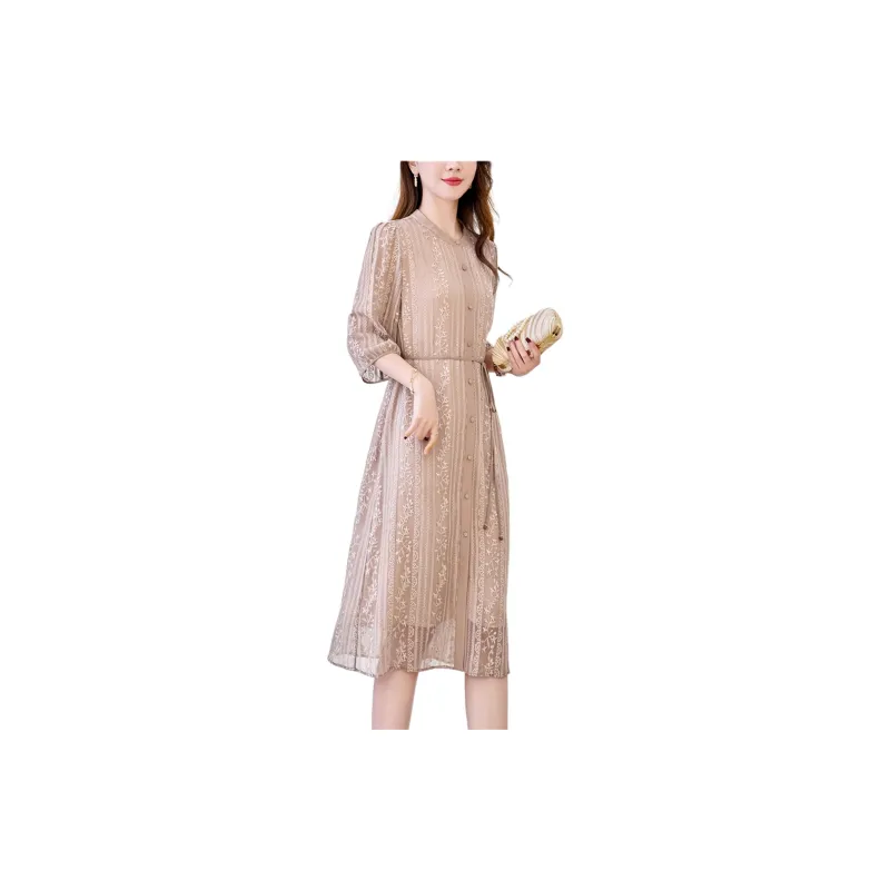 Yi Mengyuan Heavyweight Mulberry Silk Long Sleeved Dress Women's Coffee-1