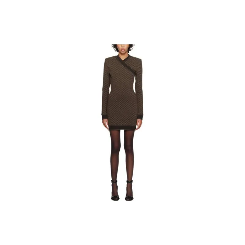 BALMAIN Long Sleeved Dress Women's Brown-2