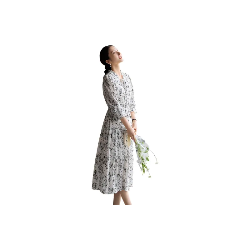 XWI Long-Sleeved Dresses Women's Beige Base With Black Flowers-1