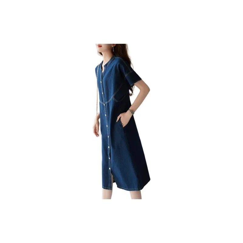 【dme】 Short Sleeved Dress Women's Dark Denim Blue-2