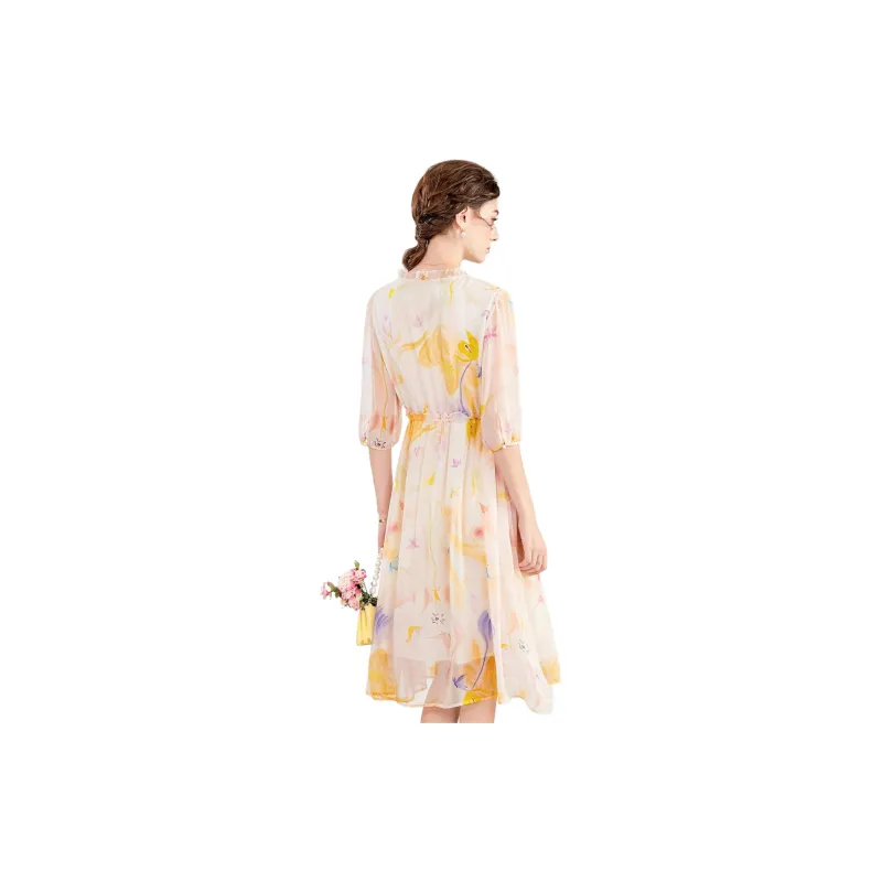 Yi Mengyuan Silk Long Sleeved Dress Women's Orange-2