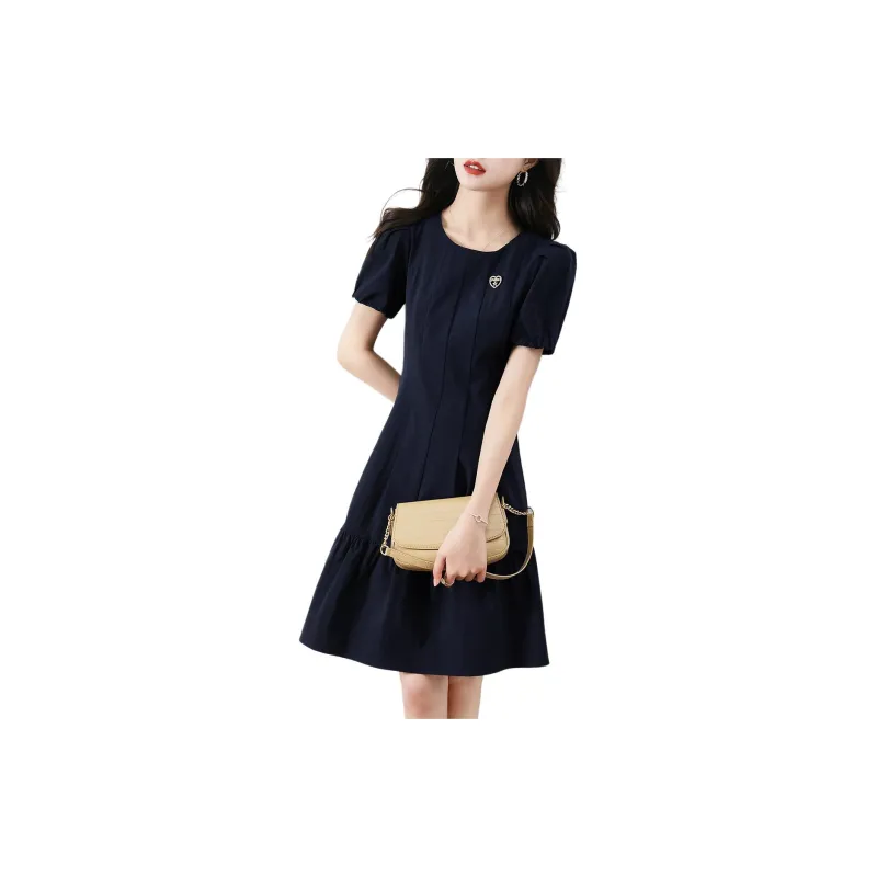Mo Han Yi Mei Short Sleeved Dresses Women's Navy Blue-3