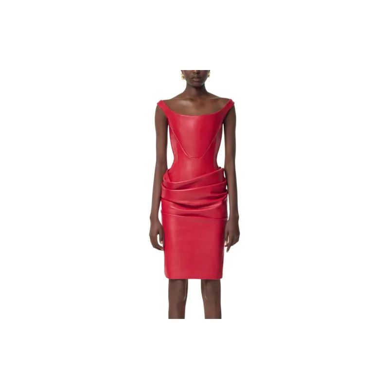 VERSACE Corset Draped Leather Midi Dress-1