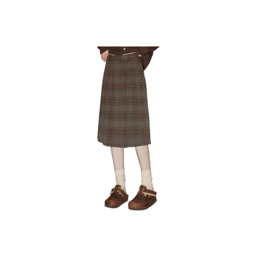 KUHNMARVIN Casual Long Skirts Women's Gray Brown Plaid