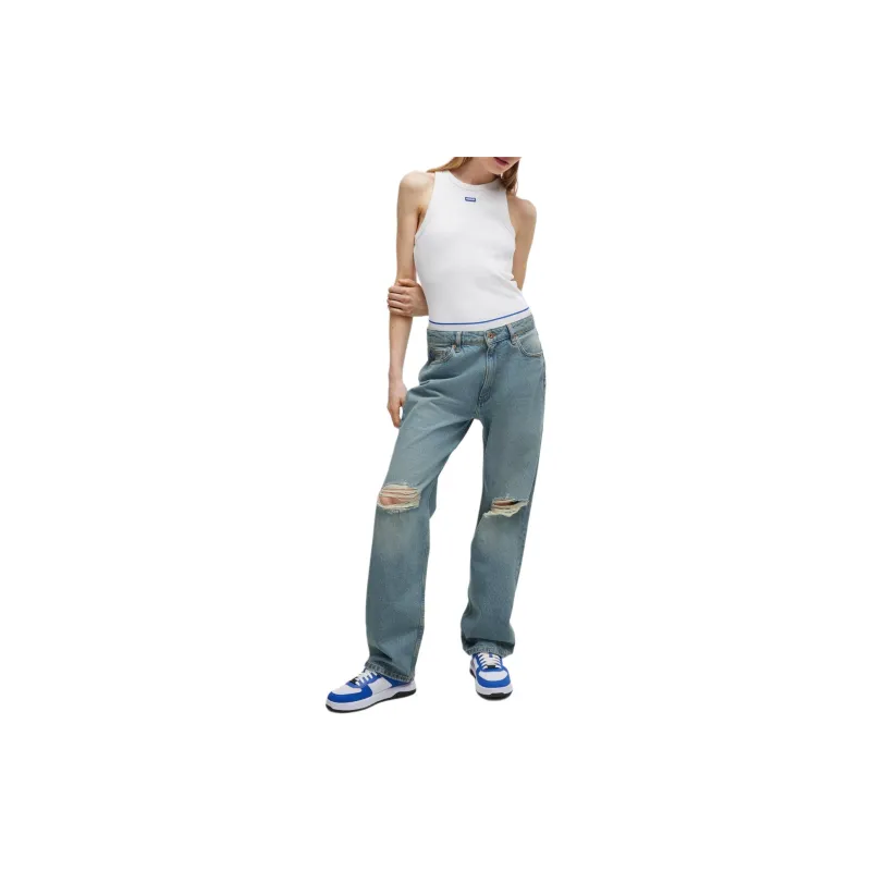 HUGO BOSS Straight-Fit Jeans In Aqua Denim With Ripped Knees Jeans Women's Light Blue-1