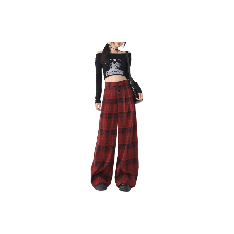 ZNZX Casual Pants Women's Red Plaid-2