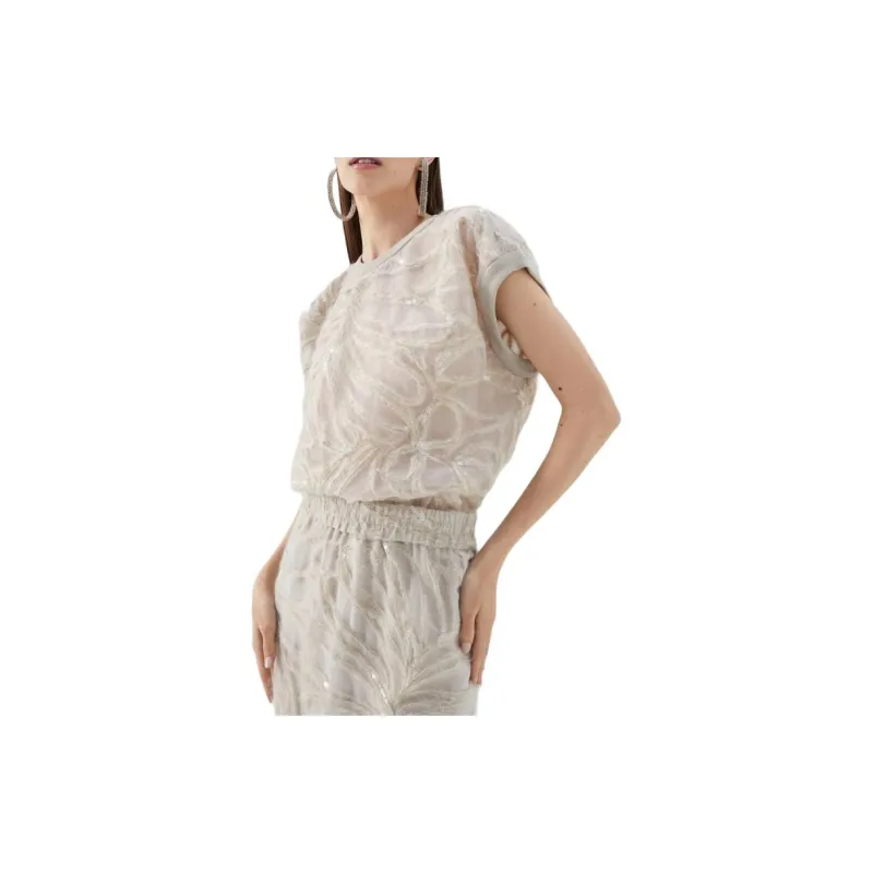 Brunello Cucinelli Crispy Silk T-Shirt With Ramage Embroidery T-Shirt Women's Beige-1