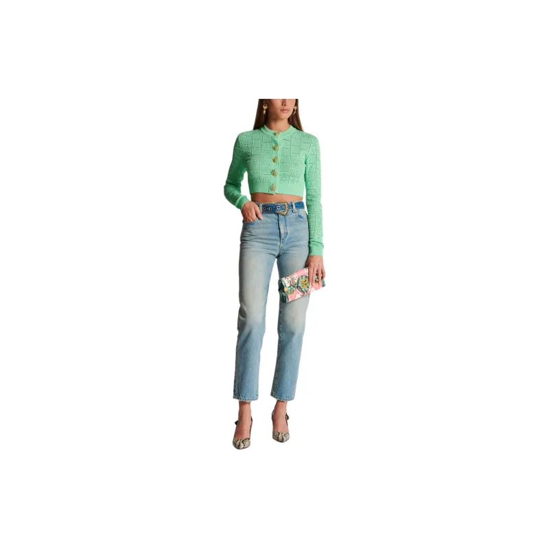 BALMAIN Buttonned Monogram Mesh Knit Cardigan-1