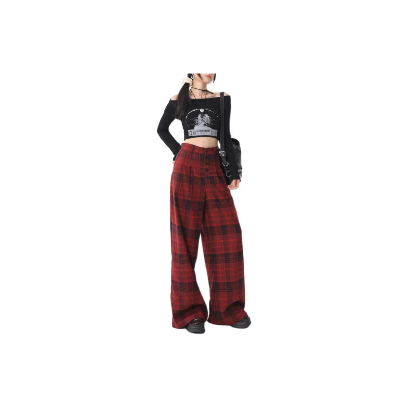 ZNZX Casual Pants Women's Red Plaid-1
