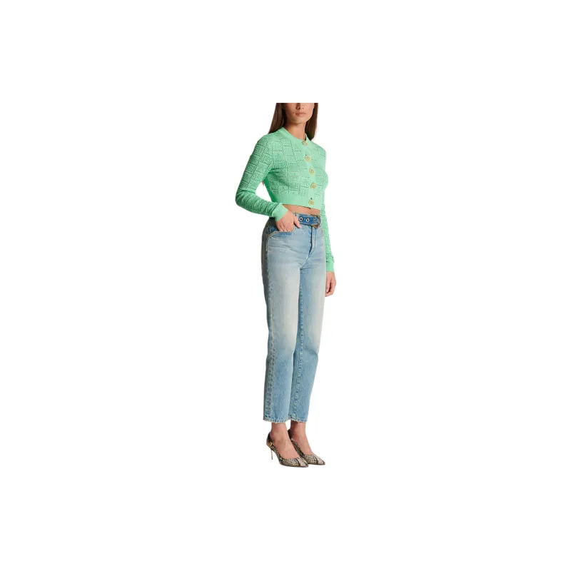 BALMAIN Buttonned Monogram Mesh Knit Cardigan-3