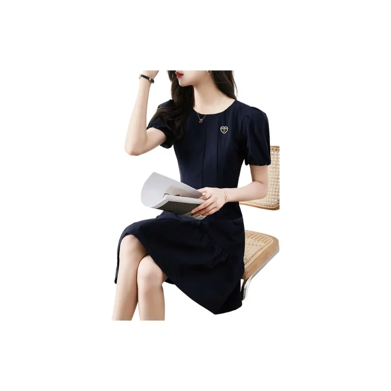 Mo Han Yi Mei Short Sleeved Dresses Women's Navy Blue-6
