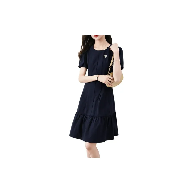 Mo Han Yi Mei Short Sleeved Dresses Women's Navy Blue-7
