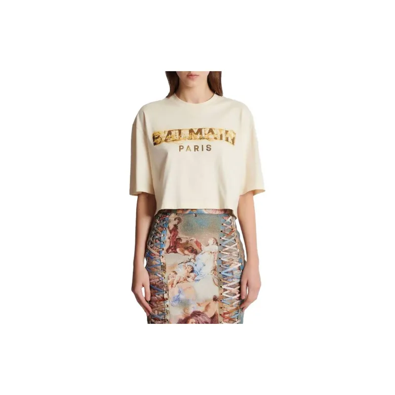 BALMAIN Cropped Metallic Print T Shirt 'Multicolor/Brown'-2