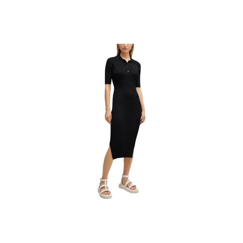 HUGO BOSS Button Placket Dress With Double Monogram Long Sleeved Dress Women's Black-3