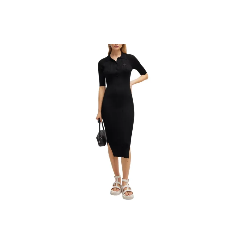 HUGO BOSS Button Placket Dress With Double Monogram Long Sleeved Dress Women's Black-2