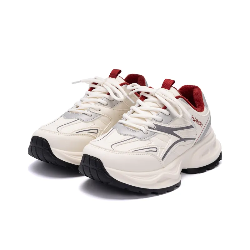 HUANQIU Anti Slip And Wear Resistant Warm Low Top Chunky Sneakers Women's Beige Gray Red-2