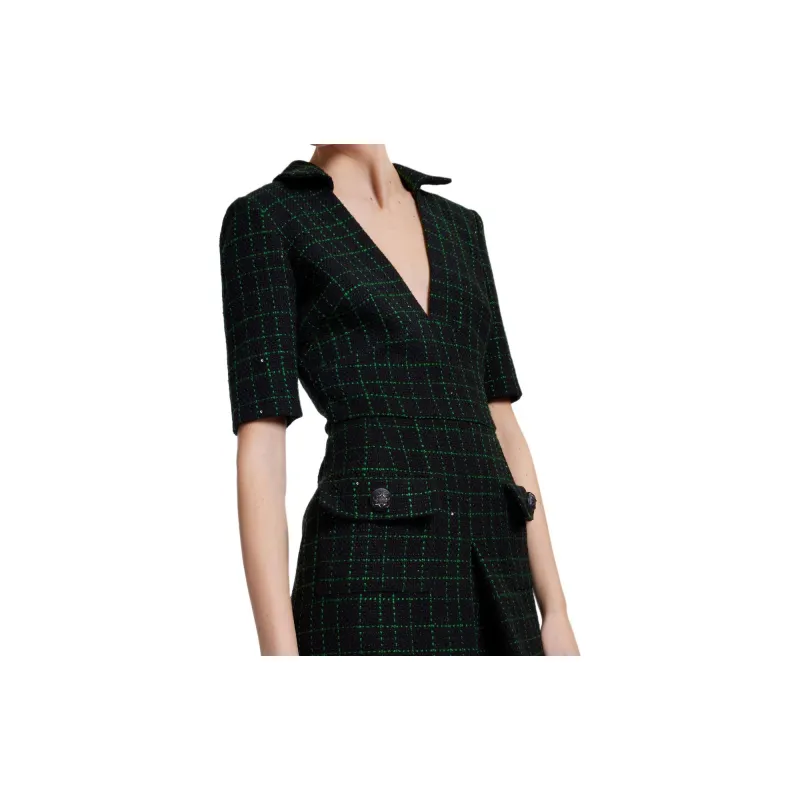 ELIE SAAB SS24 Short-Sleeved Dresses Women's Black Green Plaid-3