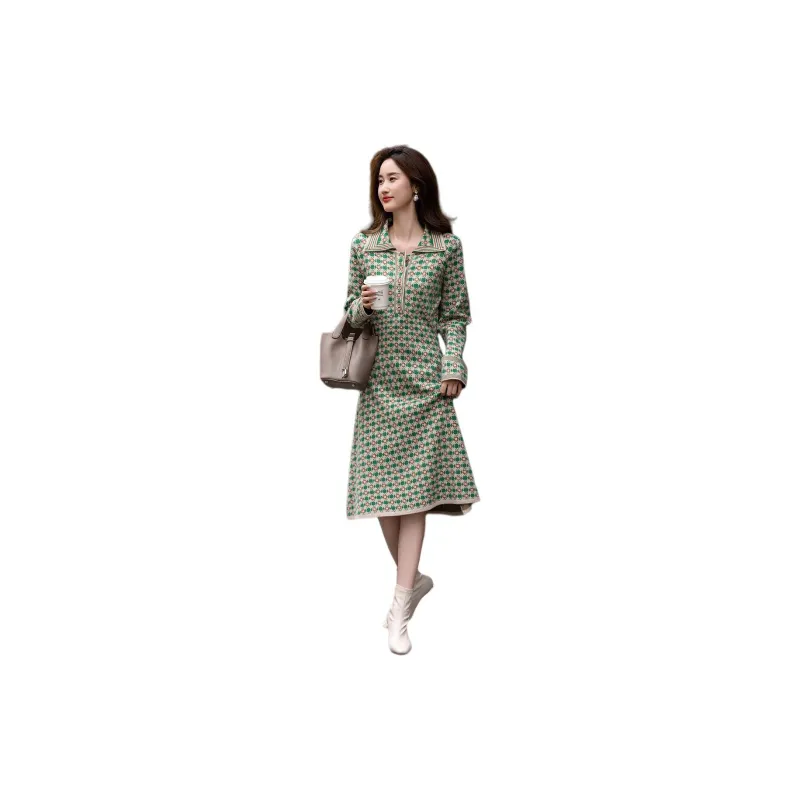 【dme】 Long Sleeved Dress Women's Vintage Green-1