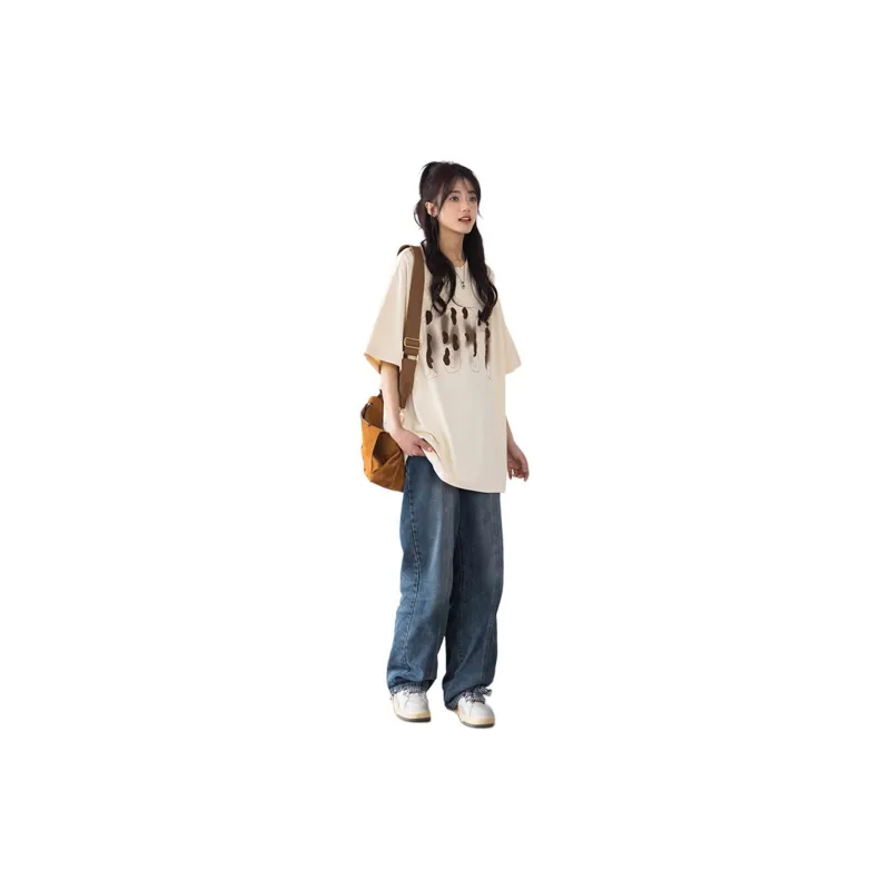 OTHERMIX Drop Shoulder Sleeve Short-Sleeved T-Shirts Women's Light Apricot-3