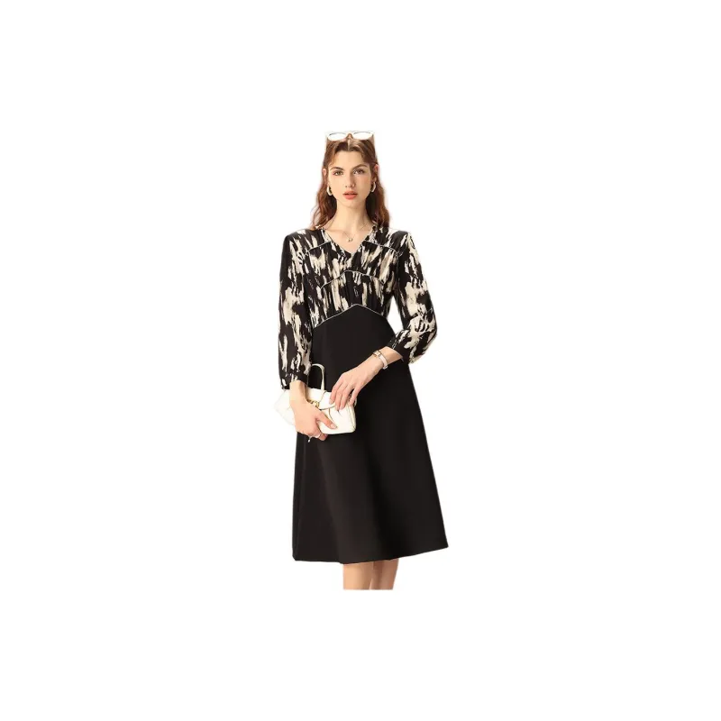 FENHONGMALI Long Sleeved Dresses Women's Black Floral-1