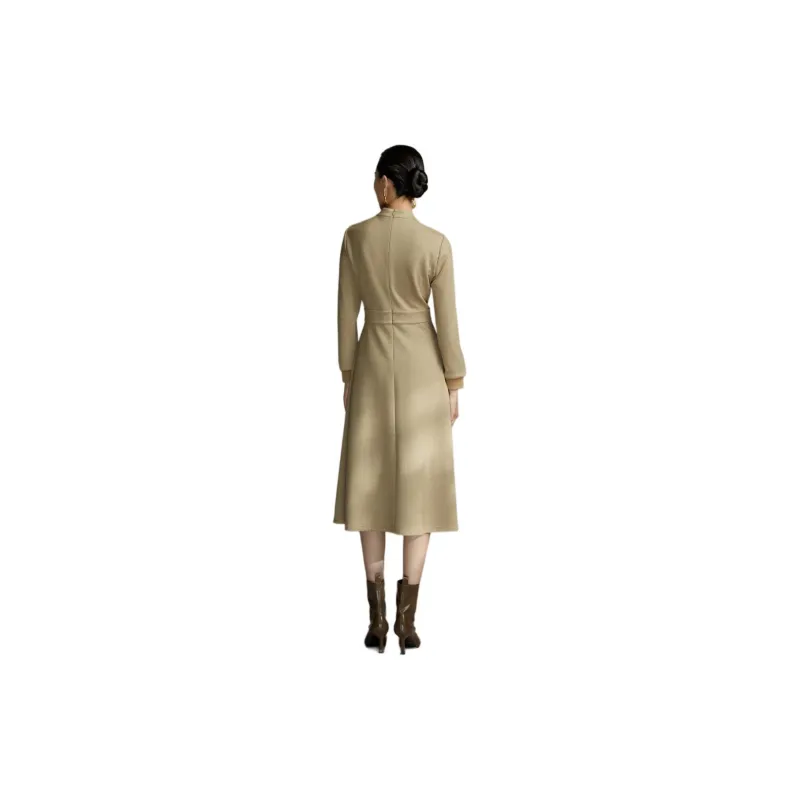 BBLLUUEE Long Sleeved Dress Women's Elegant Camel-0