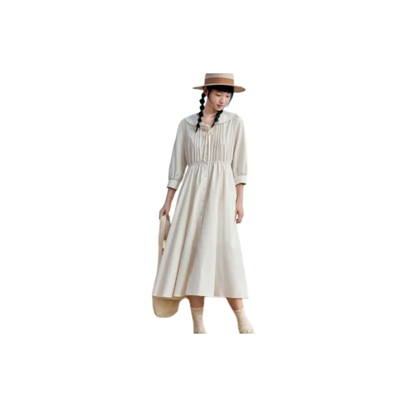 ZIHAN Long Sleeved Dress Women's Beige With Stripes-2