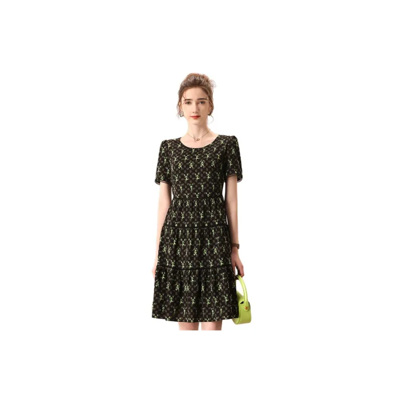 FENHONGMALI Short-Sleeved Dresses Women's Black Background With Green Flowers-1