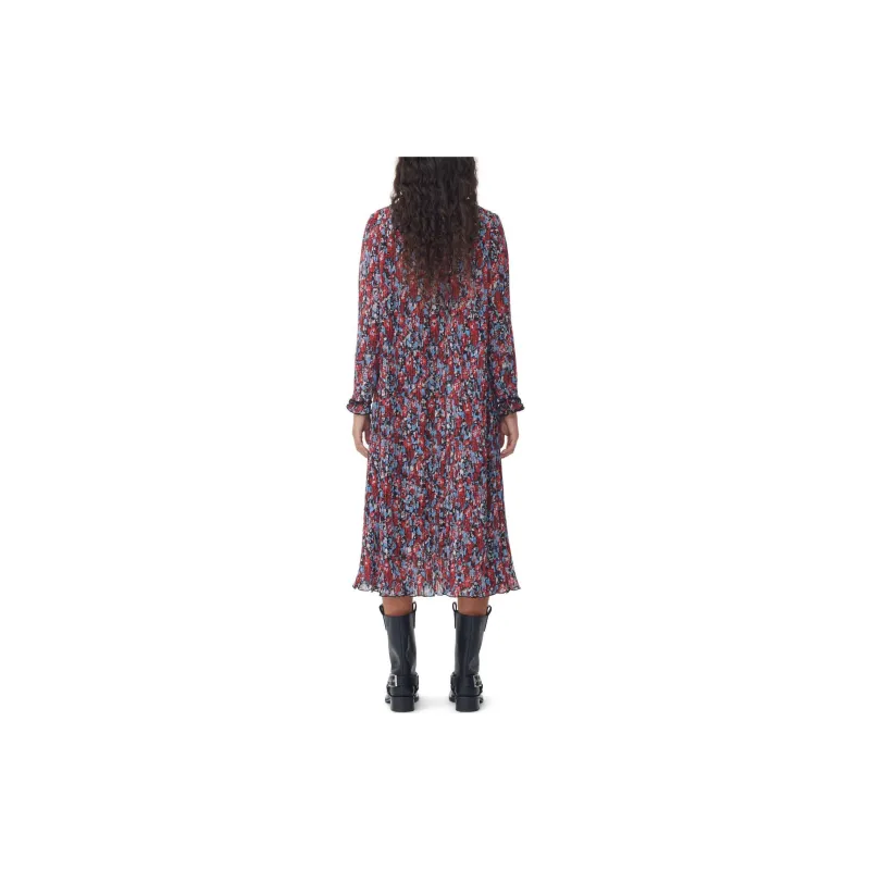GANNI Red Pleated Georgette Midi Dress Long-Sleeved Dresses Women's Multicolor-2