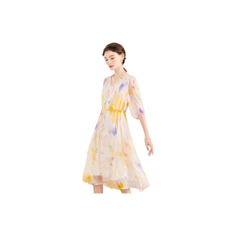 Yi Mengyuan Silk Long Sleeved Dress Women's Orange-3