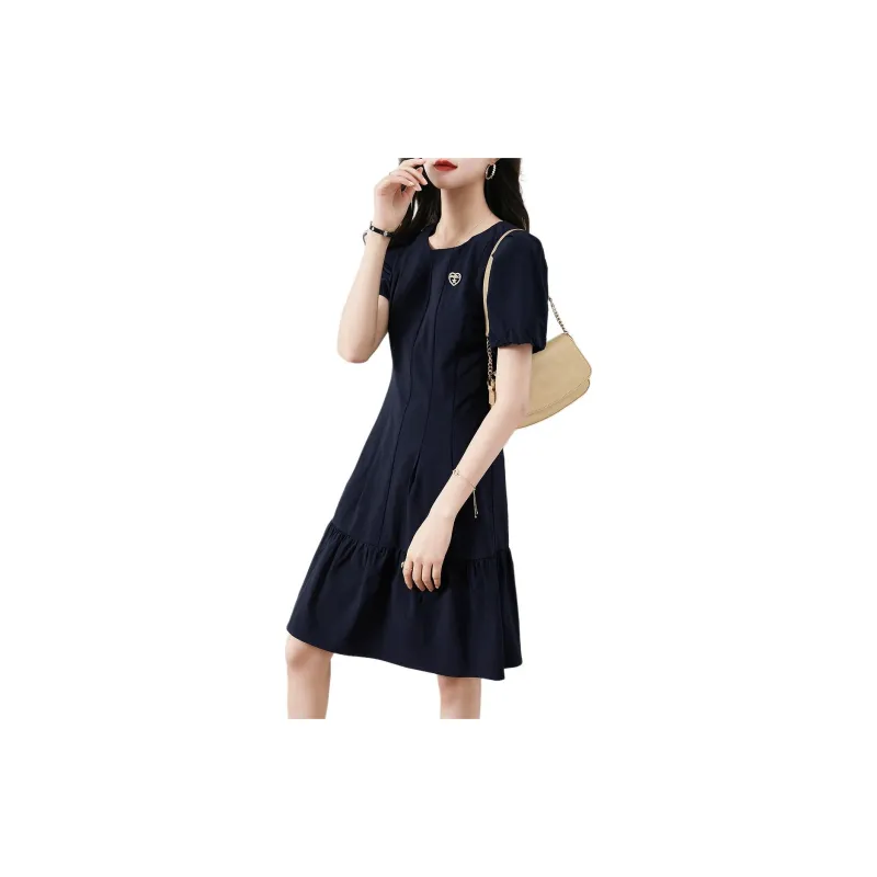 Mo Han Yi Mei Short Sleeved Dresses Women's Navy Blue-5