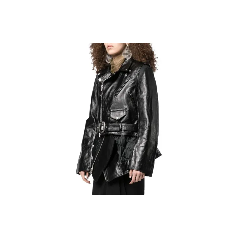 Sacai Crinkled-effect Asymmetric Leather Jacket-2