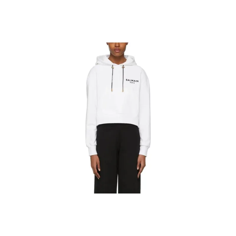 BALMAIN Flocked Logo Drawstring Cropped Hoodie-1