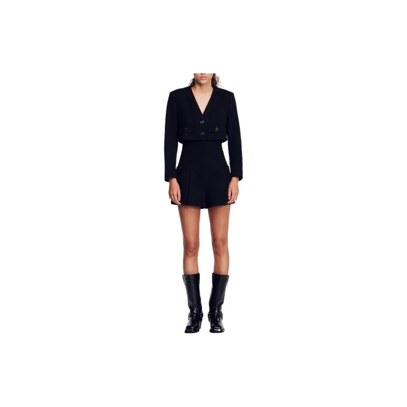 Sandro Tweed Playsuit Jumpsuit Women's Black-1