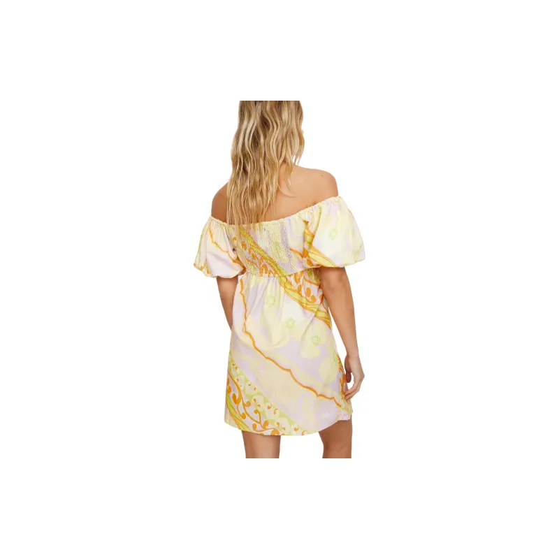 NASTY GAL Muted Floral Stripe Linen Bardot Puff Sleeve Mini Dress Short-Sleeved Dresses Women's Multicolor-1