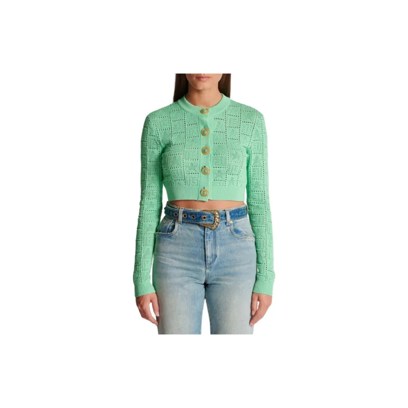 BALMAIN Buttonned Monogram Mesh Knit Cardigan-4